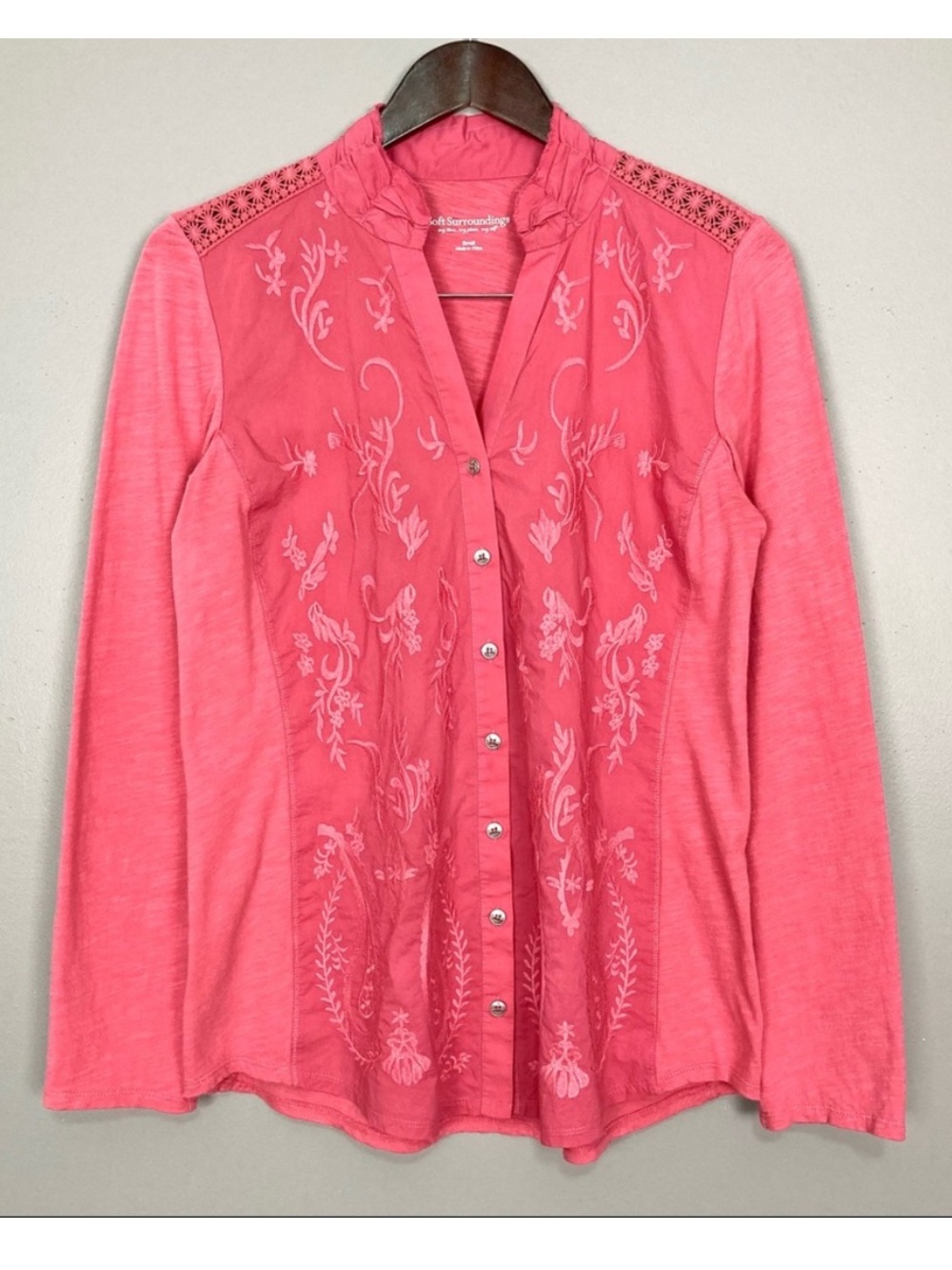Soft Surroundings Primavera Embroidered Shirt Women’s Size S Button Front Pink